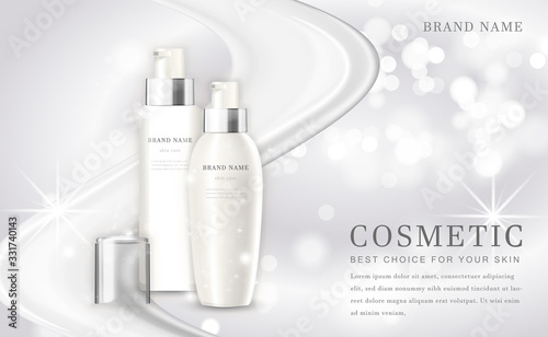 Vector 3D cosmetic make up illustration product bottle with elegant white shiny background
