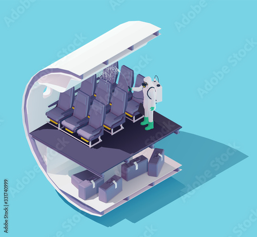 Vector isometric aircraft disinfection to prevent spread of COVID-19 or Coronavirus. Airline passengers protection against COVID-19. Man in protective workwear deep cleaning disinfecting plane cabin