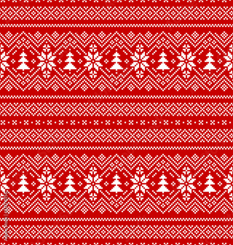 Christmas Scandinavian pattern in red and white with snowflakes and Christmas trees
