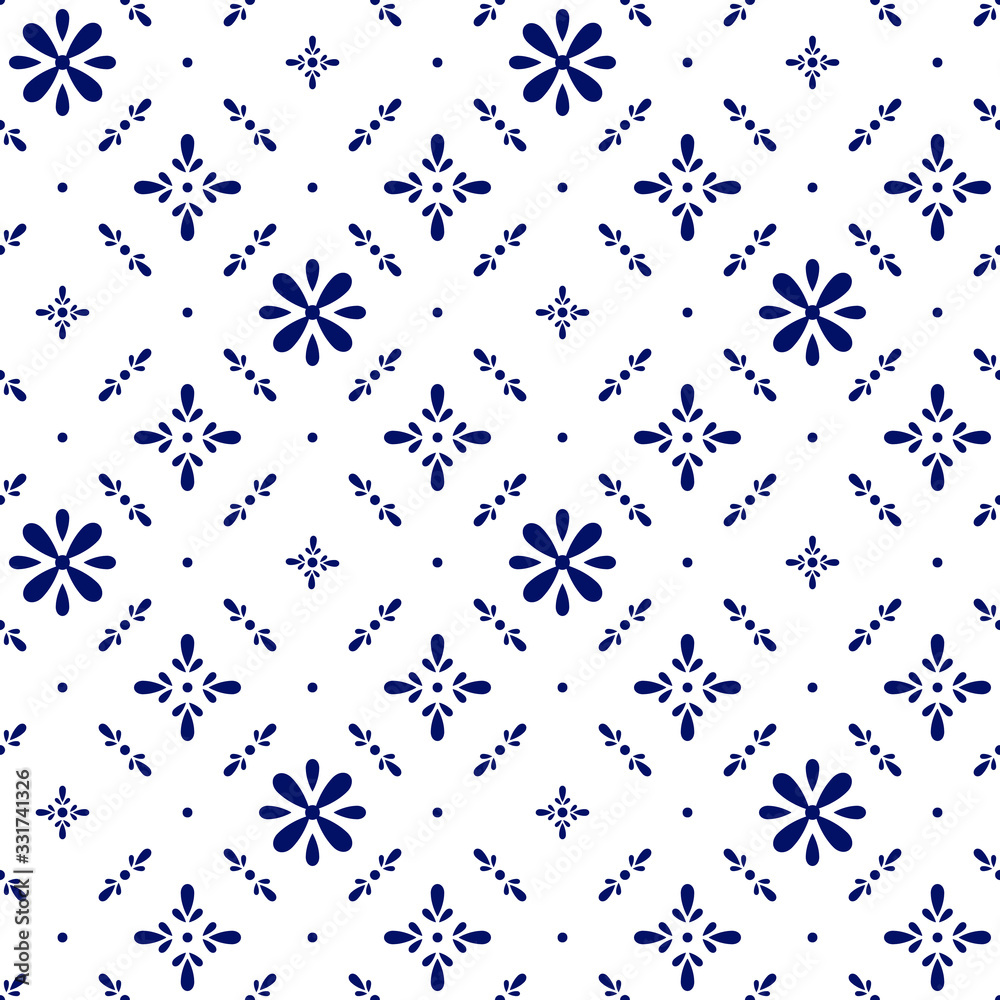 Obraz premium Floral polka dot geometric seamless pattern. Dark blue simple vector flowers on white background. Simple vector geometric illustration. Polka dot design for printing on textile, fabric, paper