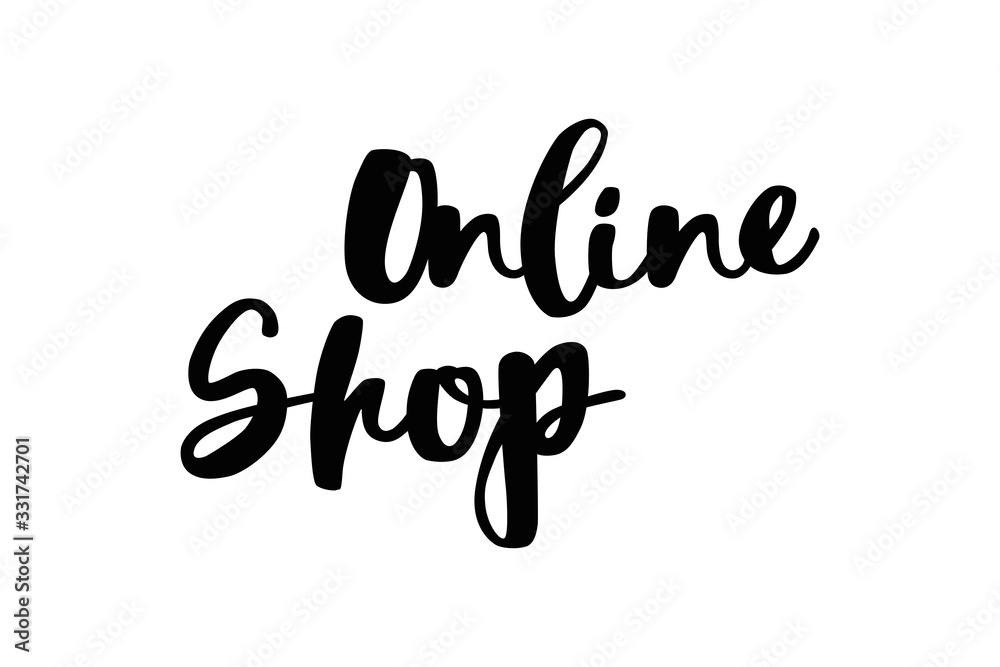 Shop online text. Stylish hand written black lettering on white. Shopping online from home. Stay home. Modern hand drawn vector. Isolation at home to prevent virus epidemic. Shop online text. Stylish hand written black lettering on white. Shopping online from home. Stay home. Modern hand drawn vector. Isolation at home to prevent virus epidemic.