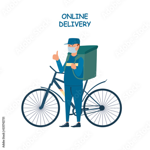 Poster concept for home delivery. Restaurant or supermarket delivering food at doorstep in quarantine. Sitting home and Order online food at anytime. Man with mask on bicycle delivering food.
