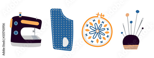 Collection of hand drawn sewing machine, fabric pattern, needles in a pillow, embroidery hoop in flat style on a white background. Clipart drawings for design workshop, sewing store,needlework courses