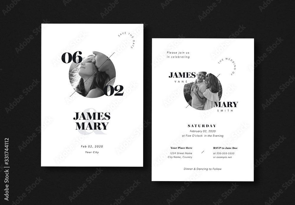 Black and White Wedding Invitation Layout with Gray Accents Stock Template Adobe Stock