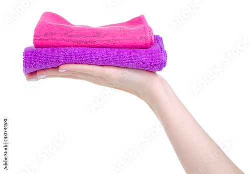 Two cleaning rags in hand on white background isolation