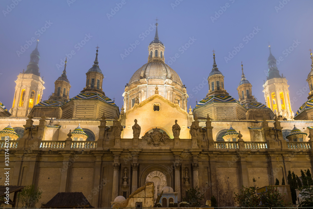 Cathedral of our lady of the pillar, Zaragoza, Spain illuminated at night