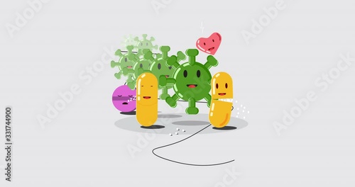 Funny pill characters. Pills, capsules with faces in the style of a flat design. Fighting the virus with antibiotics.