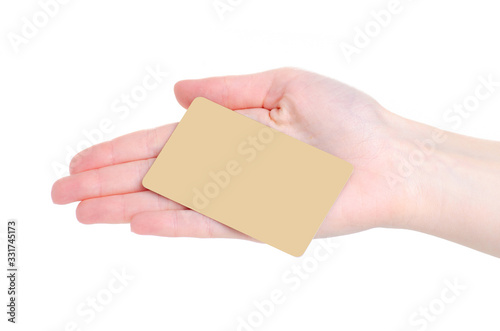 Gold card in hand finane on white background isolation