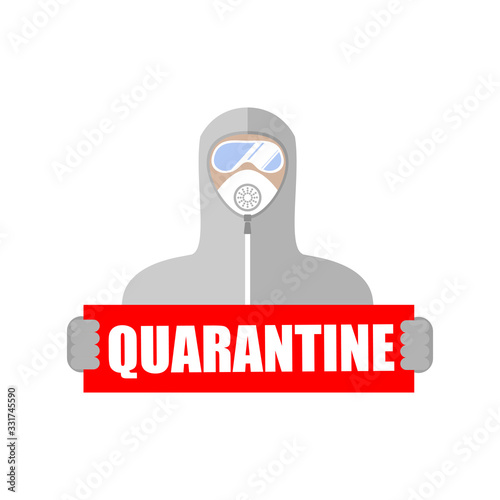 Quarantine, person in protective antiviral suit , medical mask and protective glasses with the inscription quarantine, flat color image. Vector isolated illustration