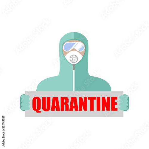 Quarantine, person in protective antiviral suit , medical mask and protective glasses with the inscription quarantine, flat color image. Vector isolated illustration