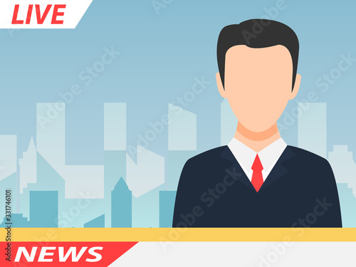 Anchor TV presenters man. Online breaking news concept vector illustration. Flat design of broadcasting on city background.