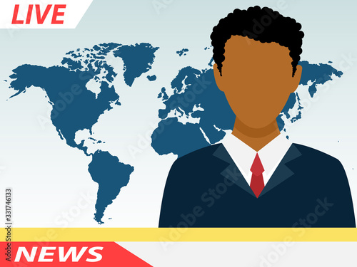Anchor TV presenters man. Online breaking news concept vector illustration. Flat design of broadcasting on city background.