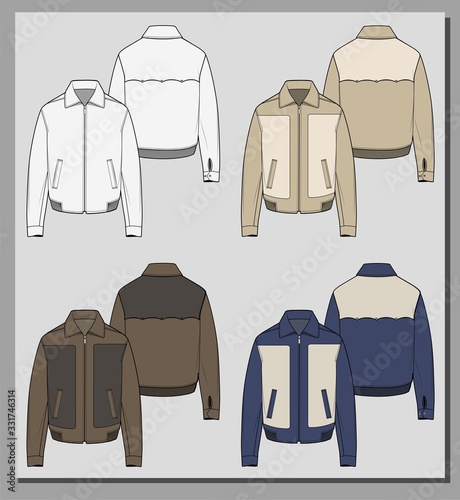 Gabardine vintage jacket. Bicolor mid season jacket. Brown, camel and navy colored. Fashion flat sketch illustration. Jacket template.