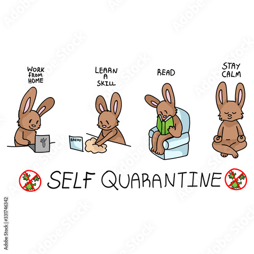 Corona virus covid 19 self quarantine cute bunny activity infographic. Self isolate support. Reading, skill, stay calm graphic. Viral isolation information. Cuation support help.