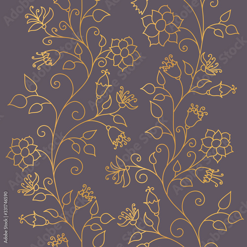 Seamless pattern. Gold floral ornament on a dark background. Fashionable textures of Golden luster. Vector illustration
