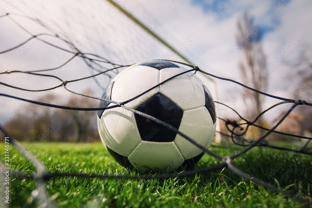 Goal concept as a soccer ball enters the gate and hits the net