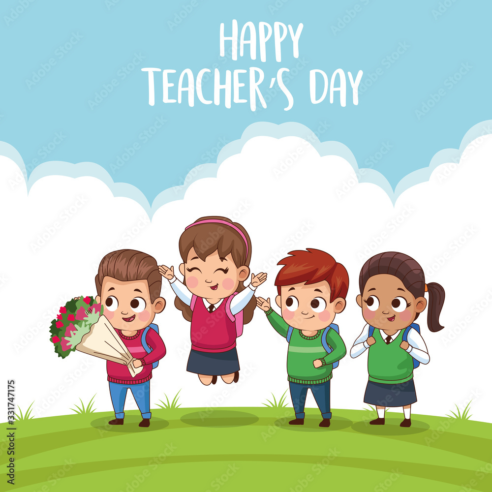 happy teachers day card with students in the field