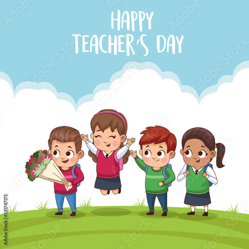 happy teachers day card with students in the field