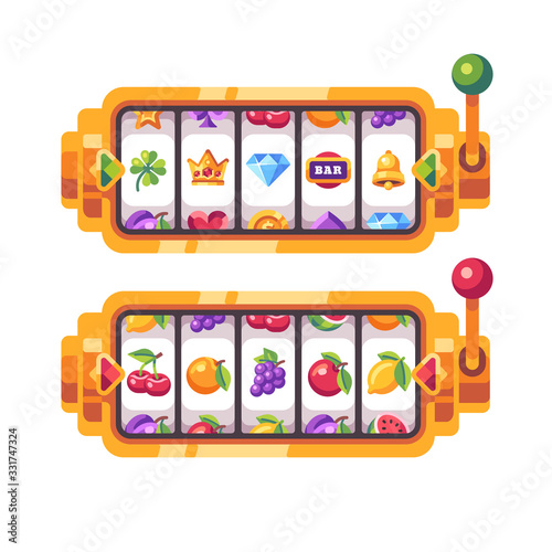 Golden slot machine with classic fruit symbols. Casino flat illustration