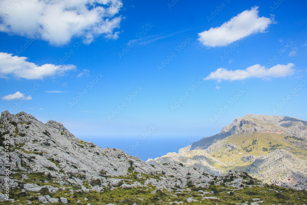 view over Serra de Tramuntana from Nus de Sa Corbata viewpoint in Mallorca, Spain