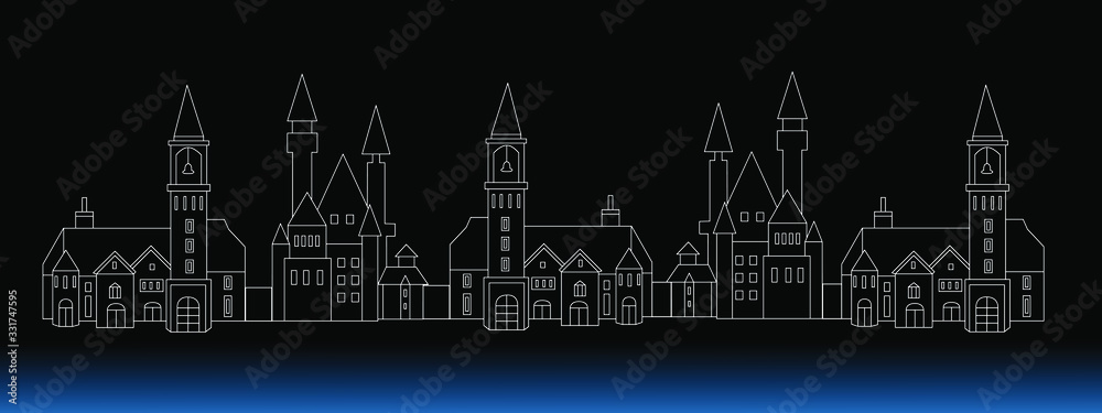 Retro Night City Outline Vector Illustration. Architecture panorama background.