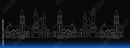 Retro Night City Outline Vector Illustration. Architecture panorama background.