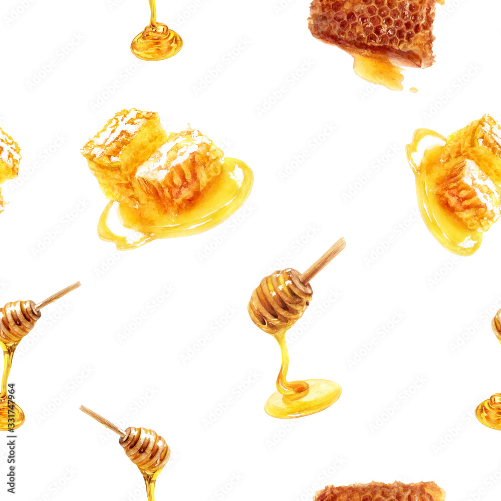 Honey hand drawn watercolor illustration. Seamless pattern. Honey hand drawn watercolor illustration. Seamless pattern.