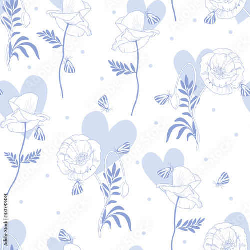 Seamless Vector Floral Pattern with beautiful flowers, butterflies and hearts for decoration, print, textile, stationery, fabric.