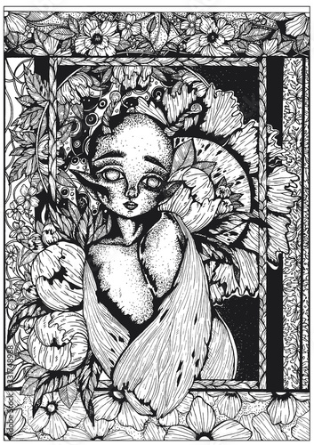 Magic character, charming creature, modest butterfly with large cute and bright eyes, long eyelashes, sharp ears, small horns and wings. Among the fairytale and leaves flowers in the magic garden.