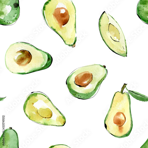 Seamless pattern of avocado on a white background. Watercolor illustration.
