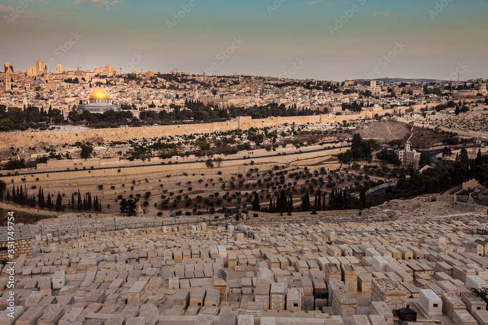 The Old City of Jerusalem and the Dome of the Rock and Temple Mount. Shot from the Mount of Olives.
