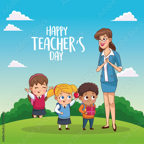 happy teachers day card with teacher and students in the field