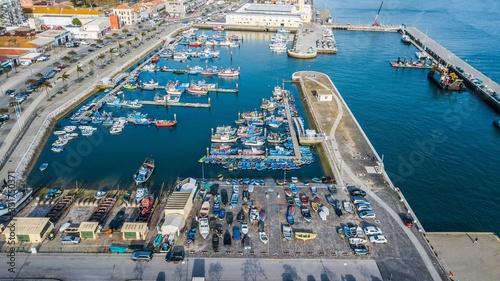 Aerial view of fishermen's wharf, in Setúbal, Portugal. Fishing boats in Setúbal. photo