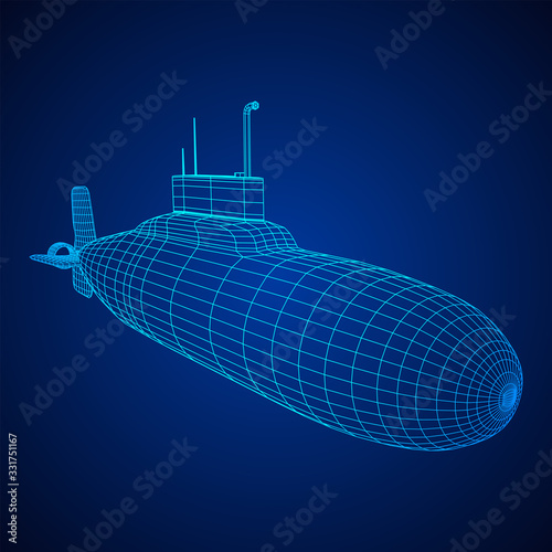 Military atomic submarine underwater boat. Wireframe low poly mesh vector illustration