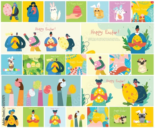Vector Easter cards with people and animals holding the eggs and hand drawn text - Happy Easter in the flat style