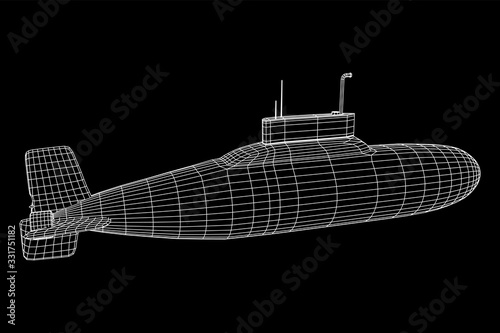 Military atomic submarine underwater boat. Wireframe low poly mesh vector illustration