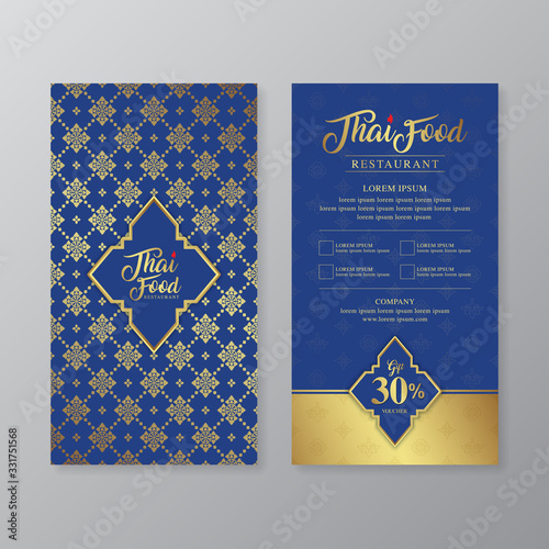 Thai food and thai restaurant luxury gift voucher design template for printing, flyers, poster, web, banner, brochure and card vector illustration