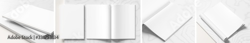 Realistic magazine or catalog mock up on white marble background. Blank magazine mockups rendered with four different variations. 3D illustration.