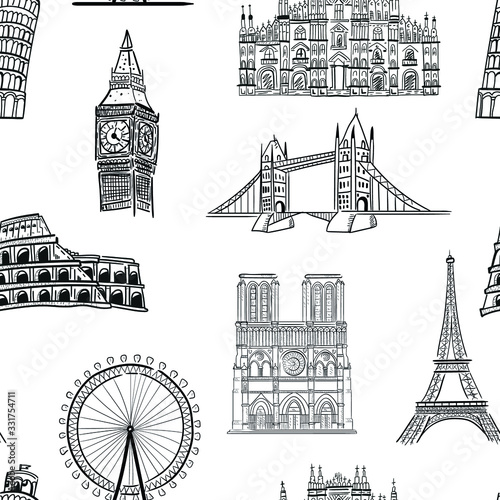 travel  architecture  fashion vector seamless pattern on white background. Concept for wallpaper  wrapping paper  cards 