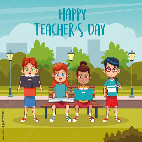 happy teachers day card with students in the field