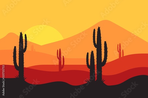 beautiful landscape of desert landscape with cactus mountains, abstract desert background vector illustration template suitable for landing page banner magazin poster