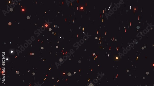 Glowing and twinkling round particles floating in space. Star field fast spinning around center. Light streaks. Star trails.  Creative abstract background. Dynamic VJ loop.