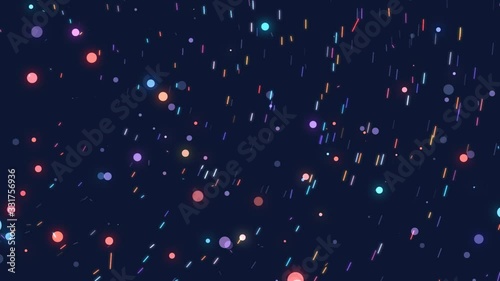 Glowing and twinkling round particles floating in space. Star field fast spinning around center. Light streaks. Star trails.  Creative abstract background. Dynamic VJ loop.