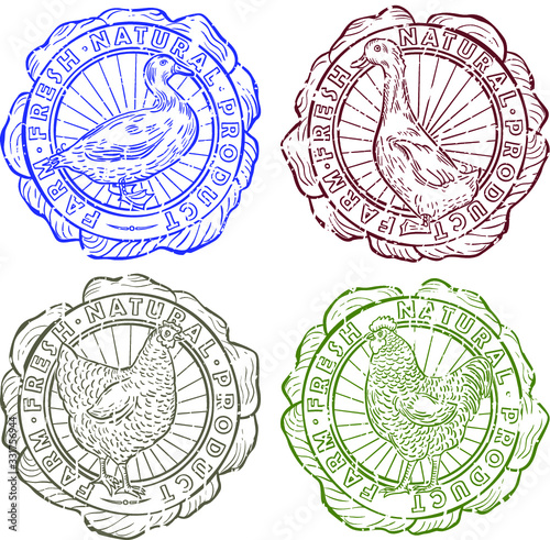 Round farm fresh rubber stamps with chicken,roster,goose and duck.