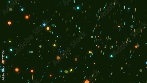 Glowing and twinkling round particles floating in space. Star field fast spinning around center. Light streaks. Star trails.  Creative abstract background. Dynamic VJ loop.