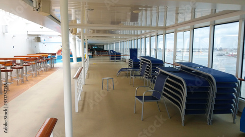 Bad travel time. Empty cruise ship. Empty. No people. Nobody. Cruise ship empty (without passengers) due the Coronavirus. Coronavirus closure of cruise ships companies. Businesses shut down. 
