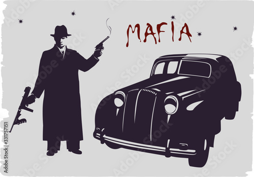 Dark silhouette of a gangster with guns near a car.