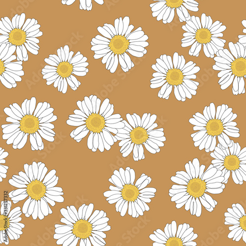 Seamless floral pattern with heads of daisy or chamomile flower.