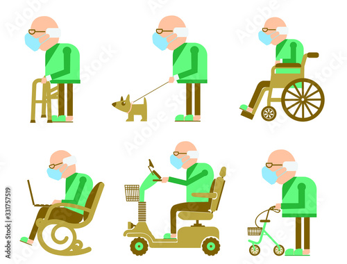 Senior old man wearing mask protect covid-19. Vector avatars of old man in medical masks. Elderly man lifestyle © npetrushka