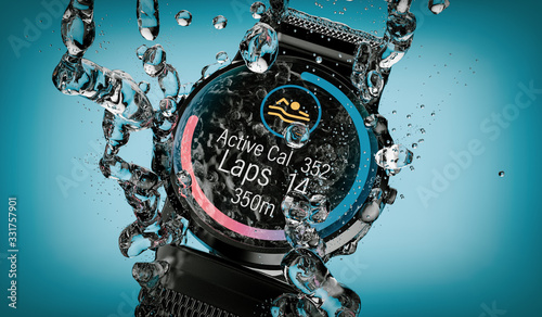 Smartwatch falls into the water with the swimming training app displayed - 3d rendering photo